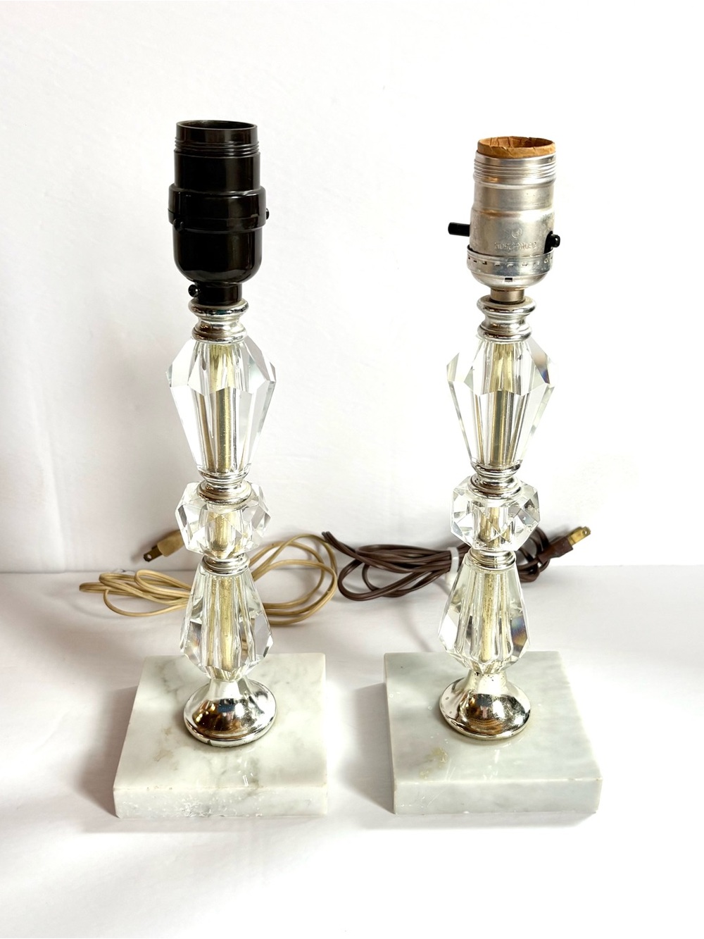 Pair of Vintage 1940s Crystal Table Lamps with Marble Bases - Clear & White